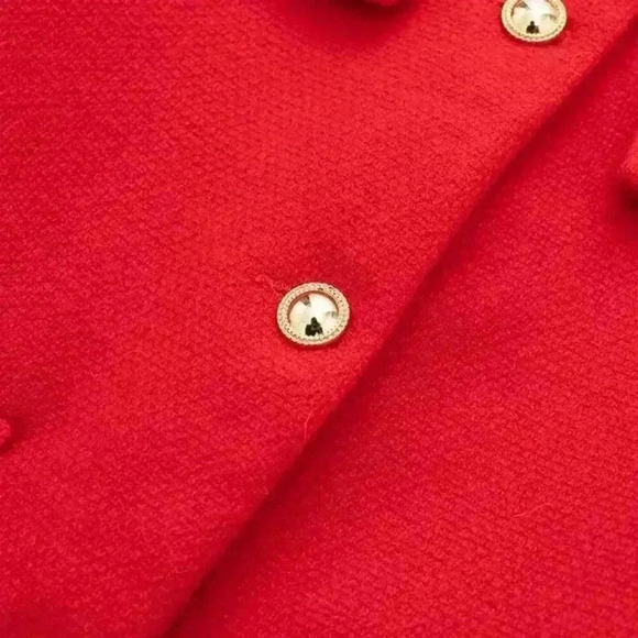 Red Elegant Women's Casual Tweed Jacket Decorated Long Sleeves Coat - Picture 8 of 8